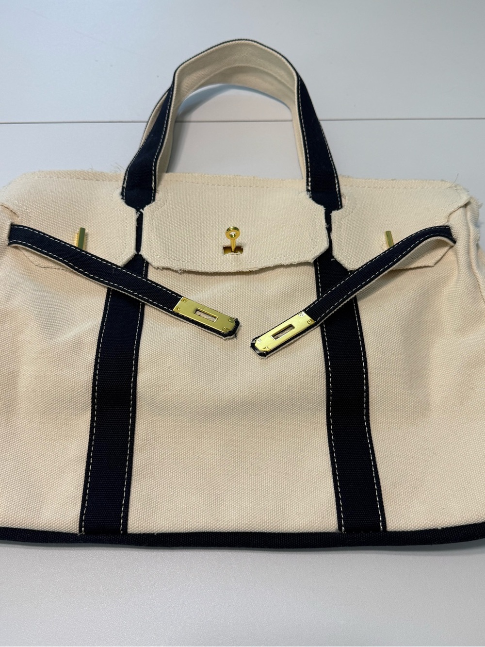 Boatkin Canvas Tote Bag Cream Navy Trim Gold Hardware Top Handle One Size